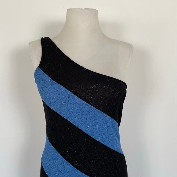 Vintage Water Signs Blue Black One Shoulder Sparkly Formal Maxi Dress Gown M - Picture 5 of 16